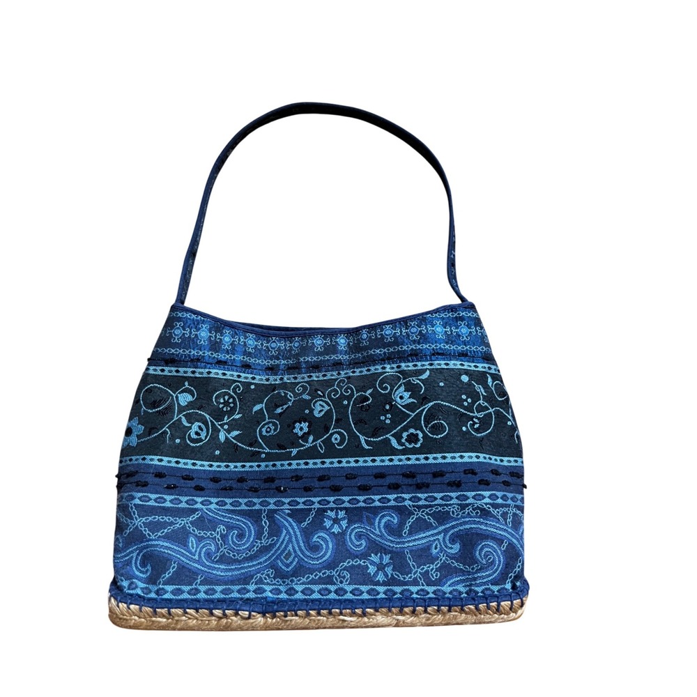 VTG Andre Assous Blue Embroidered Fabric Shoulder Bag Made in France Jute Base